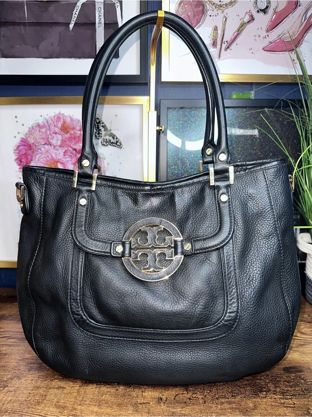 Tory Burch Black Pebbled Leather Amanda Tote Shoulder Bag